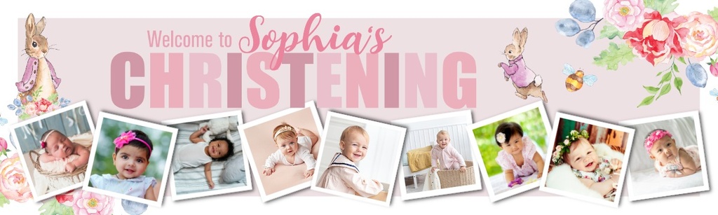 Personalised Christening Banner - Pink Rabbit Floral Welcome - Custom Name & 9 Photo Upload