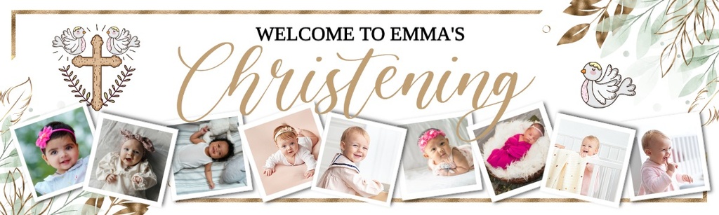 Personalised Christening Banner - Gold Floral Cross - Custom Name & 9 Photo Upload