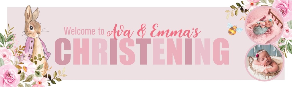 Personalised Christening Banner - Pink Rabbit Twins - Custom Name & 2 Photo Upload