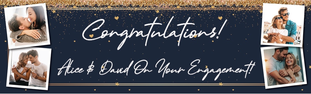 Personalised Engagement Party Banner - Blue & Gold Congratulations - Custom Name & 4 Photo Upload