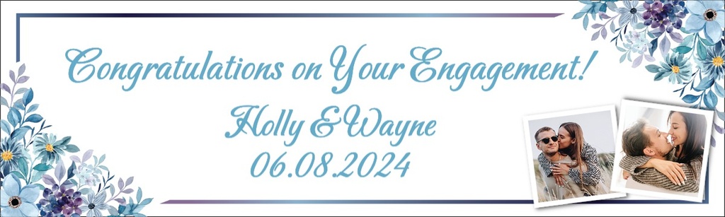 Personalised Engagement Party Banner - Blue Floral - Custom Date, Name & 2 Photo Upload