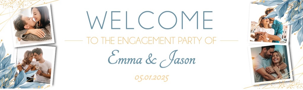 Personalised Engagement Party Banner - Blue Floral - Custom Name, Date & 4 Photo Upload