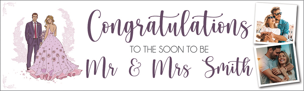 Personalised Engagement Party Banner - Purple Congratulations - Custom Name & 2 Photo Upload