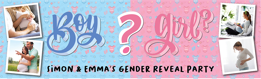 Personalised Gender Reveal Party Banner - Boy Or Girl Baby - Custom Text & 4 Photo Upload