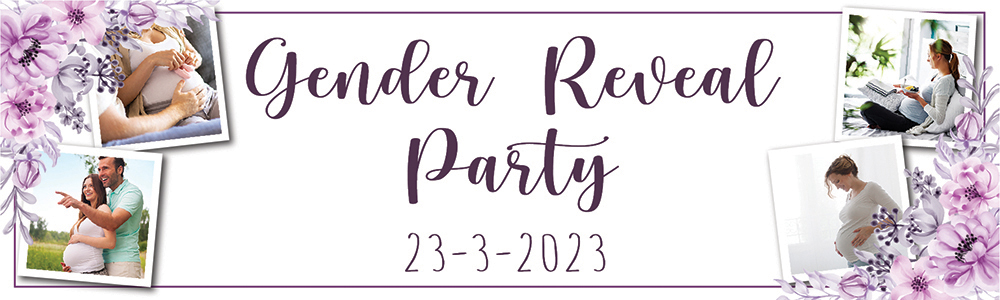 Personalised Gender Reveal Party Banner - Purple Floral Baby - Custom Date & 4 Photo Upload