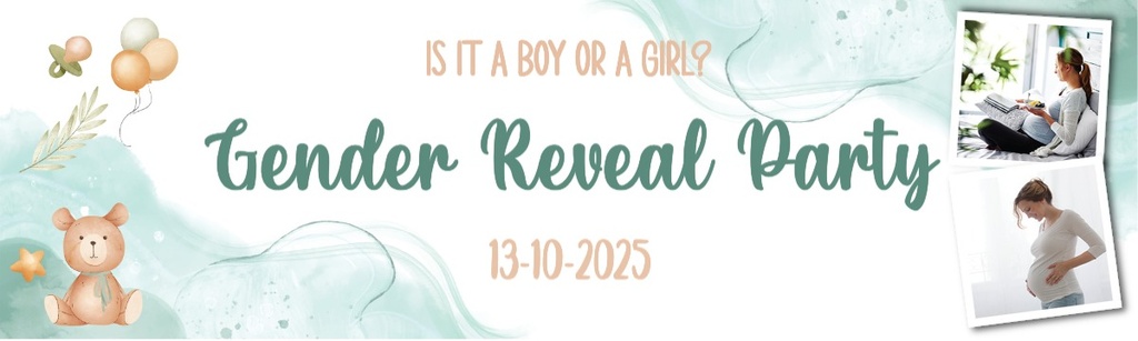 Personalised Gender Reveal Party Banner - Teddy Balloons Baby - Custom Date & 2 Photo Upload