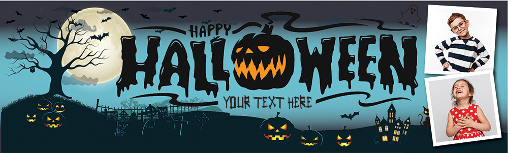 Personalised Halloween Party Banner - Trick Or Treat Spooky - Custom Text & 2 Photo Upload