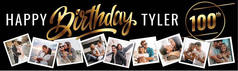 Personalised Happy 100th Birthday Banner - Black & Gold - Custom Name & 9 Photo Upload