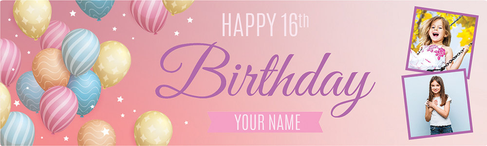 Personalised Happy 16th Birthday Banner - Balloons - Custom Name & 2 Photo Upload