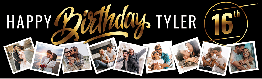 Personalised Happy 16th Birthday Banner - Black & Gold - Custom Name & 9 Photo Upload