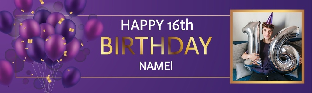 Personalised Happy 16th Birthday Banner - Purple Balloons - Custom Name & 1 Photo Upload