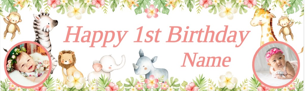 Personalised Happy 1st Birthday Banner - Baby Safari Animals - Custom Name & 2 Photo Upload