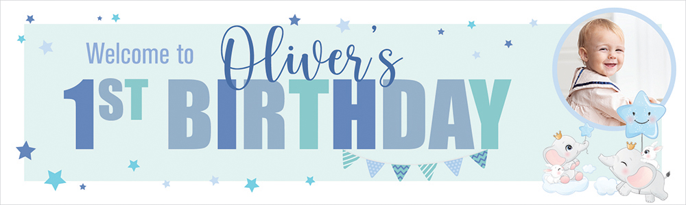 Personalised Happy 1st Birthday Banner - Blue & Baby Elephant - Custom Name & 1 Photo Upload