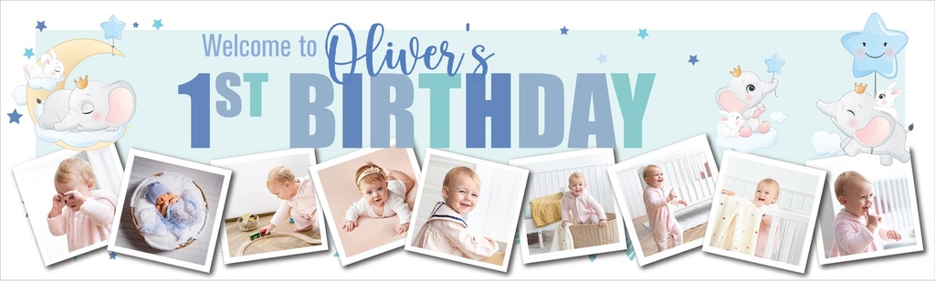 Personalised Happy 1st Birthday Banner - Blue & Baby Elephant - Custom Name & 9 Photo Upload