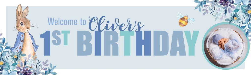 Personalised Happy 1st Birthday Banner - Blue Rabbit - Custom Name & 1 Photo Upload