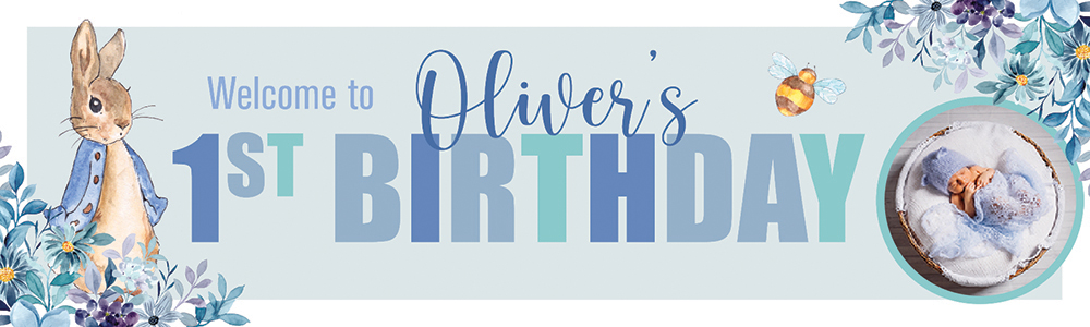 Personalised Happy 1st Birthday Banner - Blue Rabbit - Custom Name & 1 Photo Upload