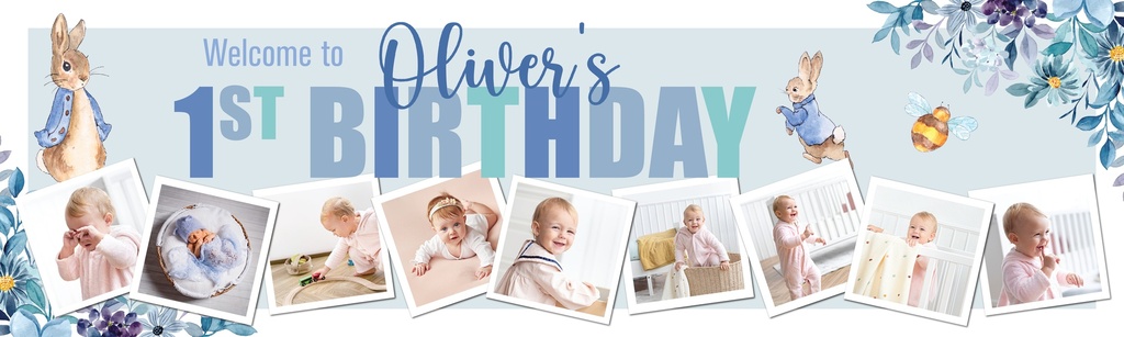 Personalised Happy 1st Birthday Banner - Blue Rabbit - Custom Name & 9 Photo Upload