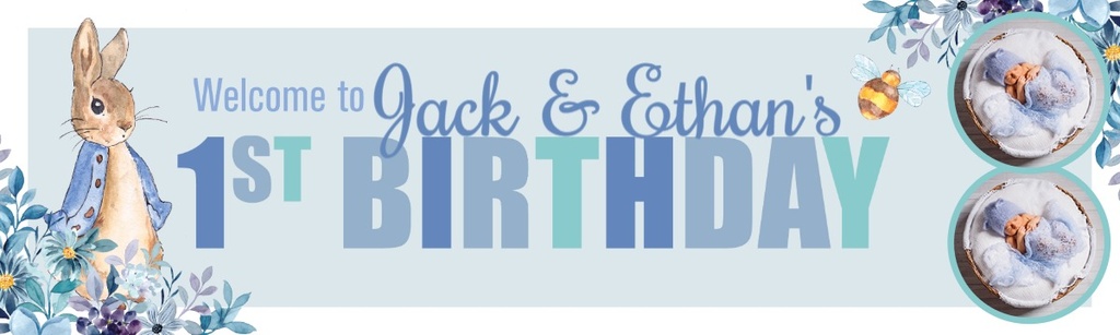 Personalised 1st Birthday Banner - Blue Rabbit Twins - Custom Name & 2 Photo Upload