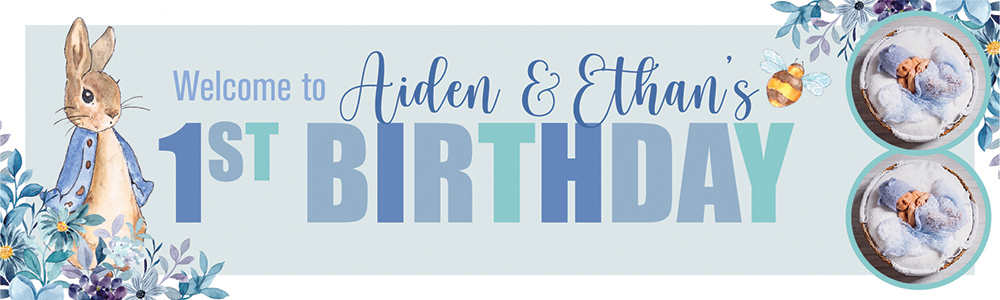 Personalised Happy 1st Birthday Banner - Blue Rabbit Twins - Custom Name & 2 Photo Upload