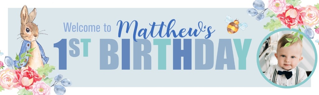 Personalised Happy 1st Birthday Banner - Blue Rabbit Welcome - Custom Name & 1 Photo Upload