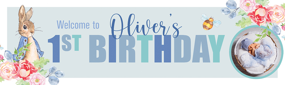 Personalised Happy 1st Birthday Banner - Blue Rabbit Welcome - Custom Name & 1 Photo Upload