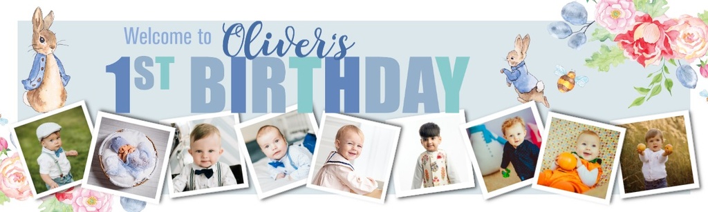 Personalised Happy 1st Birthday Banner - Blue Rabbit Welcome - Custom Name & 9 Photo Upload