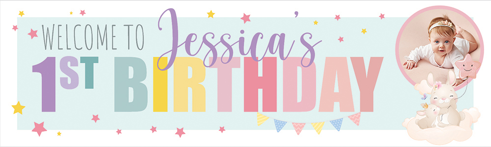 Personalised Happy 1st Birthday Banner - Bunny & Stars - Custom Name & 1 Photo Upload