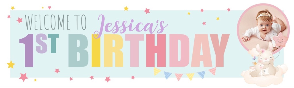 Personalised Happy 1st Birthday Banner - Bunny & Stars - Custom Name & 1 Photo Upload