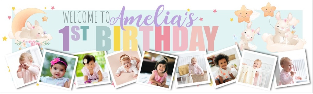 Personalised Happy 1st Birthday Banner - Bunny & Stars - Custom Name & 9 Photo Upload