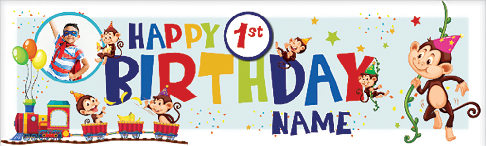 Personalised Happy 1st Birthday Banner - Monkey Train - Custom Name & 1 Photo Upload