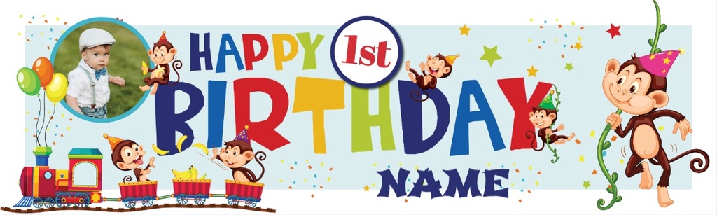 Personalised Happy 1st Birthday Banner - Monkey Train - Custom Name & 1 Photo Upload