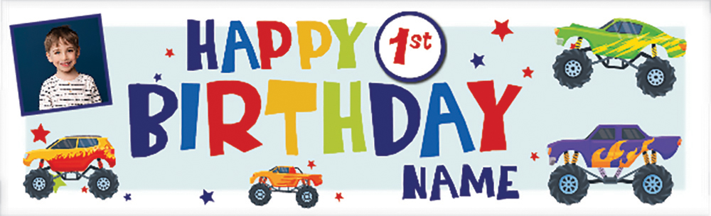 Personalised Happy 1st Birthday Banner - Monster Truck - Custom Name & 1 Photo Upload