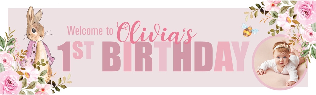 Personalised Happy 1st Birthday Banner - Pink Rabbit - Custom Name & 1 Photo Upload