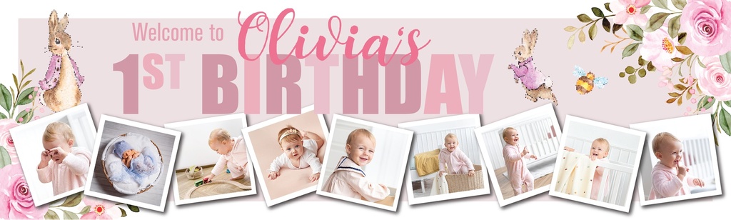 Personalised Happy 1st Birthday Banner - Pink Rabbit - Custom Name & 9 Photo Upload