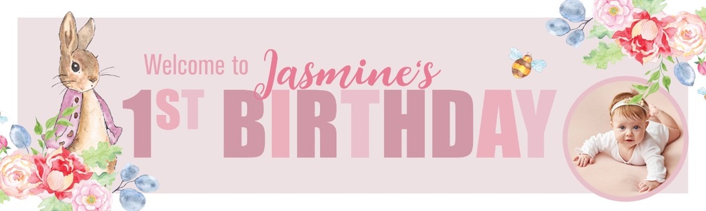 Personalised Happy 1st Birthday Banner - Pink Rabbit Floral Welcome - Custom Name & 1 Photo