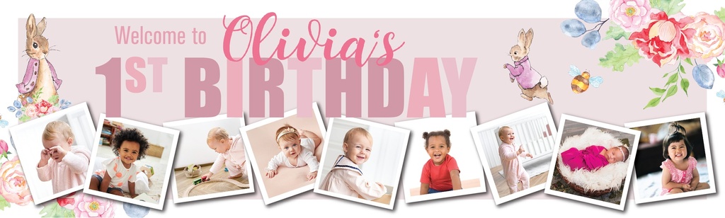 Personalised Happy 1st Birthday Banner - Pink Rabbit Floral Welcome - Custom Name & 9 Photo