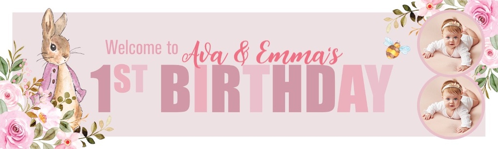 Personalised Happy 1st Birthday Banner - Pink Rabbit Twins - Custom Name & 2 Photo Upload