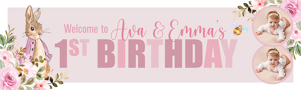 Personalised Happy 1st Birthday Banner - Pink Rabbit Twins - Custom Name & 2 Photo Upload