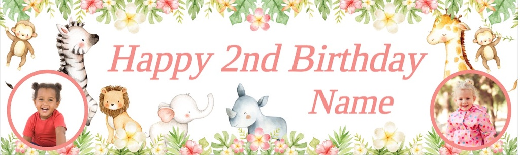 Personalised Happy 2nd Birthday Banner - Baby Safari Animals - Custom Name & 2 Photo Upload