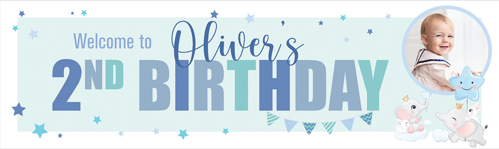 Personalised Happy 2nd Birthday Banner - Blue & Baby Elephant - Custom Name & 1 Photo Upload