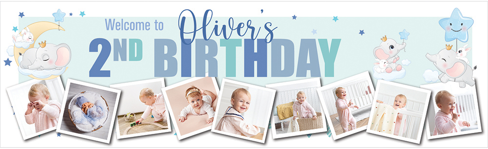 Personalised Happy 2nd Birthday Banner - Blue & Baby Elephant - Custom Name & 9 Photo Upload