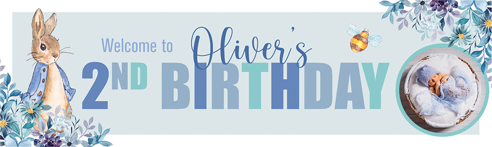 Personalised Happy 2nd Birthday Banner - Blue Rabbit - Custom Name & 1 Photo Upload