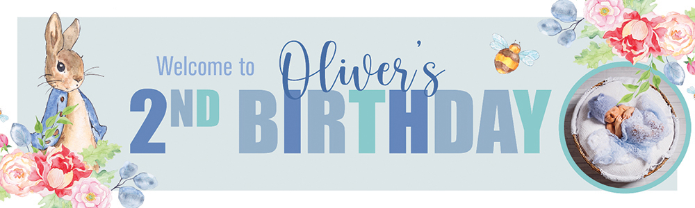 Personalised Happy 2nd Birthday Banner - Blue Rabbit Welcome - Custom Name & 1 Photo Upload