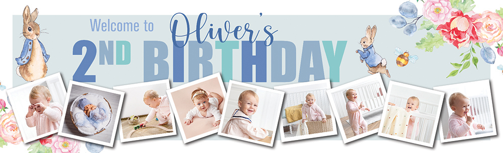 Personalised Happy 2nd Birthday Banner - Blue Rabbit Welcome - Custom Name & 9 Photo Upload