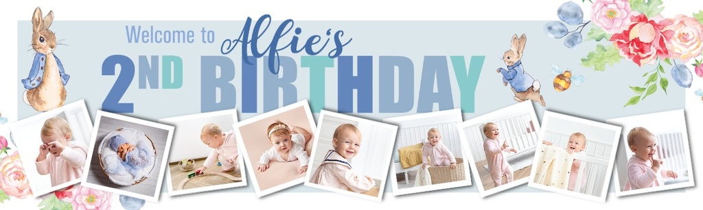 Personalised Happy 2nd Birthday Banner - Blue Rabbit Welcome - Custom Name & 9 Photo Upload