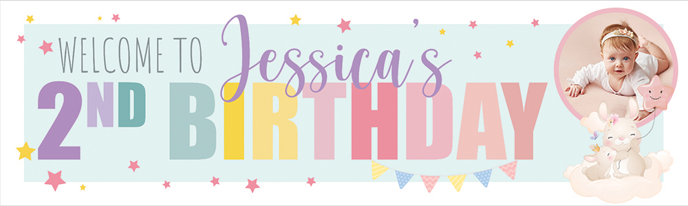 Personalised Happy 2nd Birthday Banner - Bunny & Stars - Custom Name & 1 Photo Upload