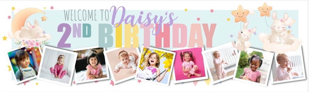 Personalised Happy 2nd Birthday Banner - Bunny & Stars - Custom Name & 9 Photo Upload