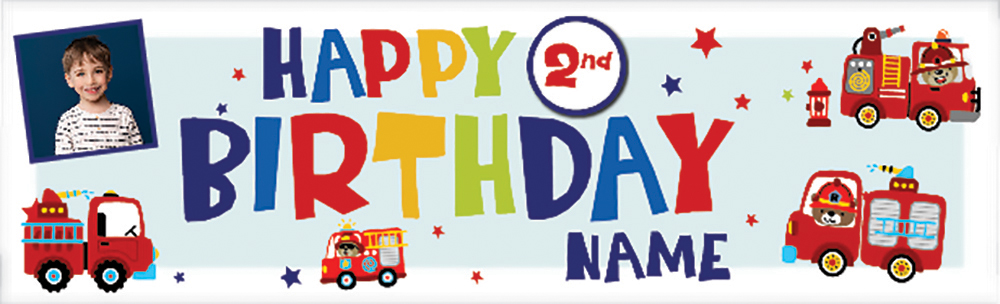 Personalised Happy 2nd Birthday Banner - Fire Engine - Custom Name & 1 Photo Upload