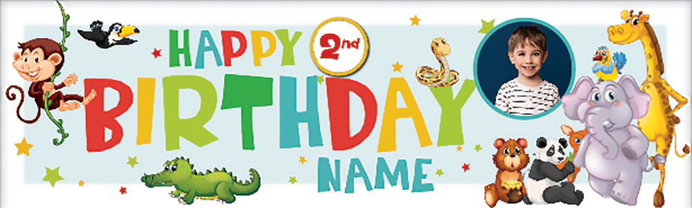 Personalised Happy 2nd Birthday Banner - Jungle Animals - Custom Name & 1 Photo Upload