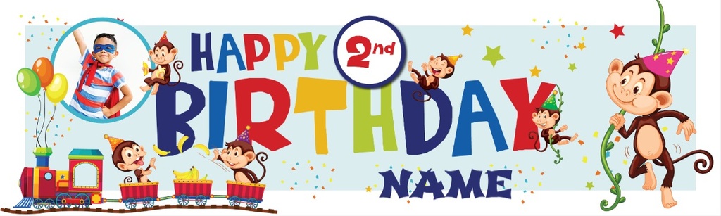 Personalised Happy 2nd Birthday Banner - Monkey Train - Custom Name & 1 Photo Upload